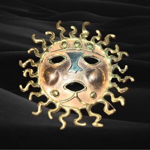 Vintage Dramatic Multi-Metal Aztec Sun Mask Brooch